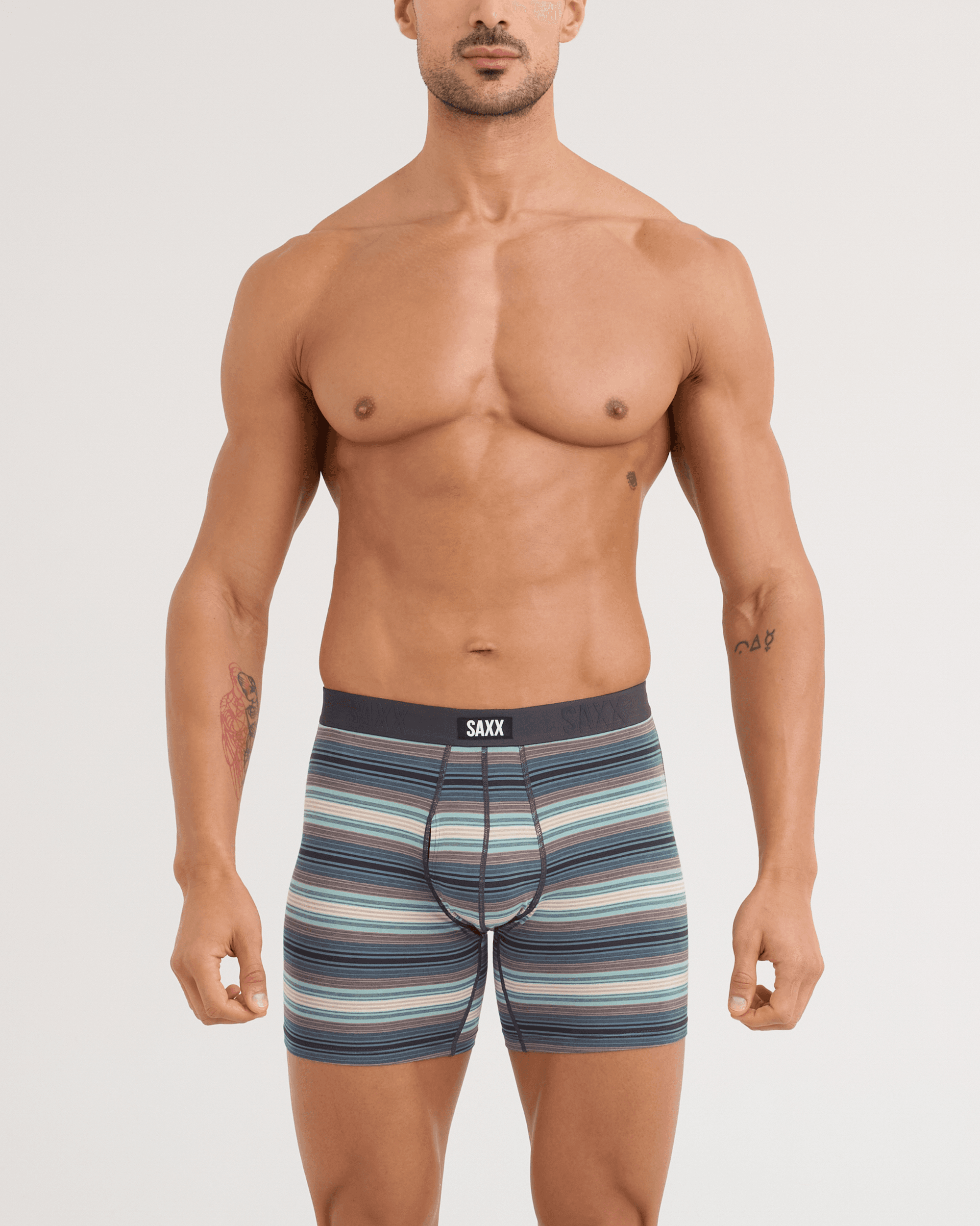 Front - Model wearing Vibe Xtra Soft Comfort Boxer Brief in Baja Stripe-Dark Sage