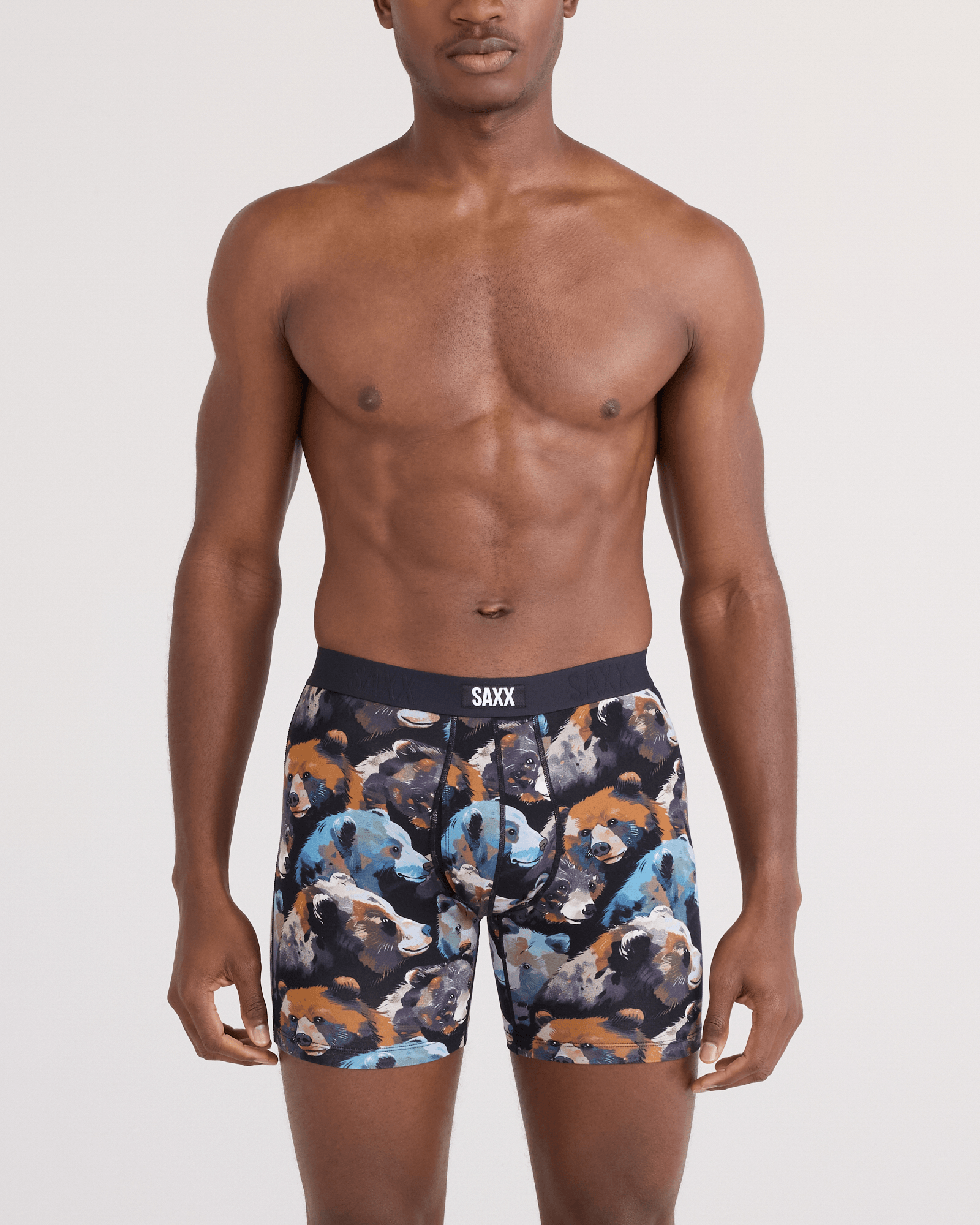 Front - Model wearing  Vibe Xtra Soft Comfort Boxer Brief Fly in Beartastic-Black