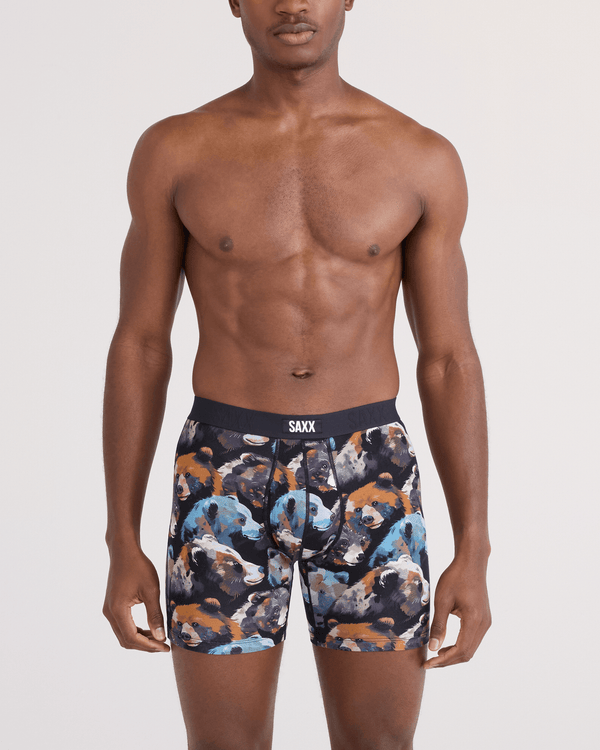 Front - Model wearing  Vibe Xtra Soft Comfort Boxer Brief Fly in Beartastic-Black