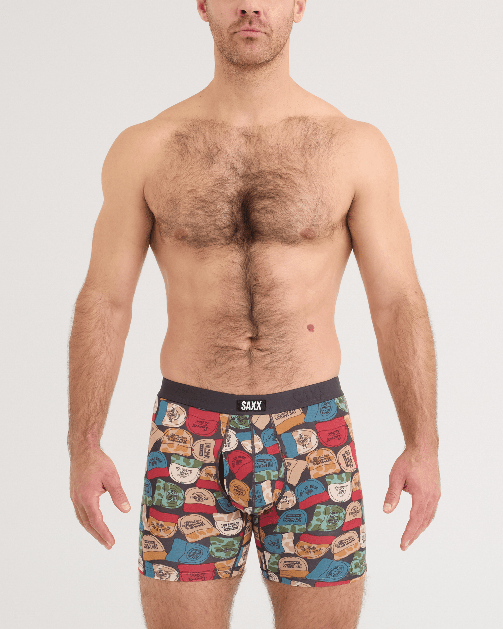 Front - Model wearing Vibe Xtra Soft Comfort Boxer Brief in Cowboy Hat-Faded Black