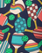 Colorful pattern with pickleball themed shapes and objects on a dark blue background