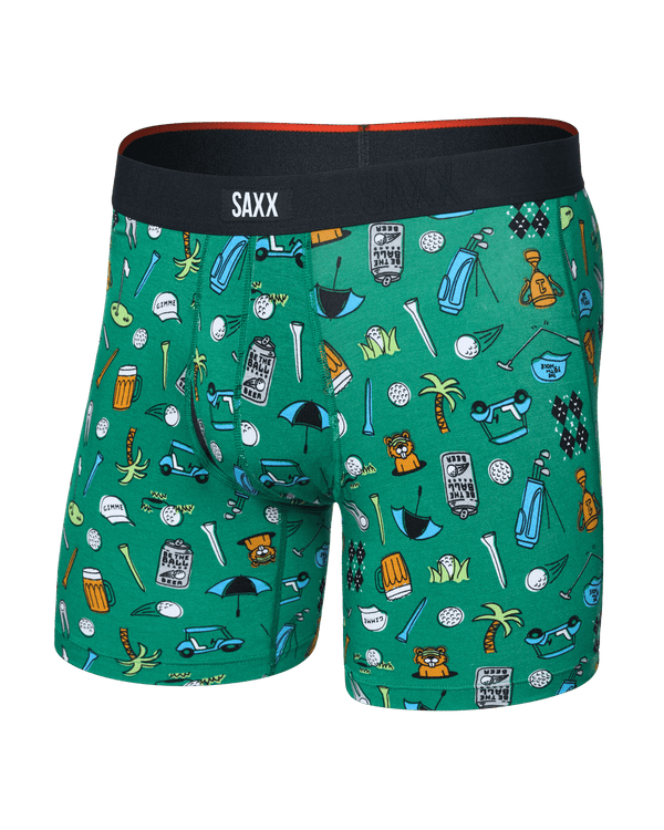 Front of  Vibe Xtra Soft Comfort Boxer Brief Fly in Fairway Bits-Green