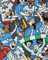 Illustrated pattern of people in sports jerseys and fans with scarves and dogs.
