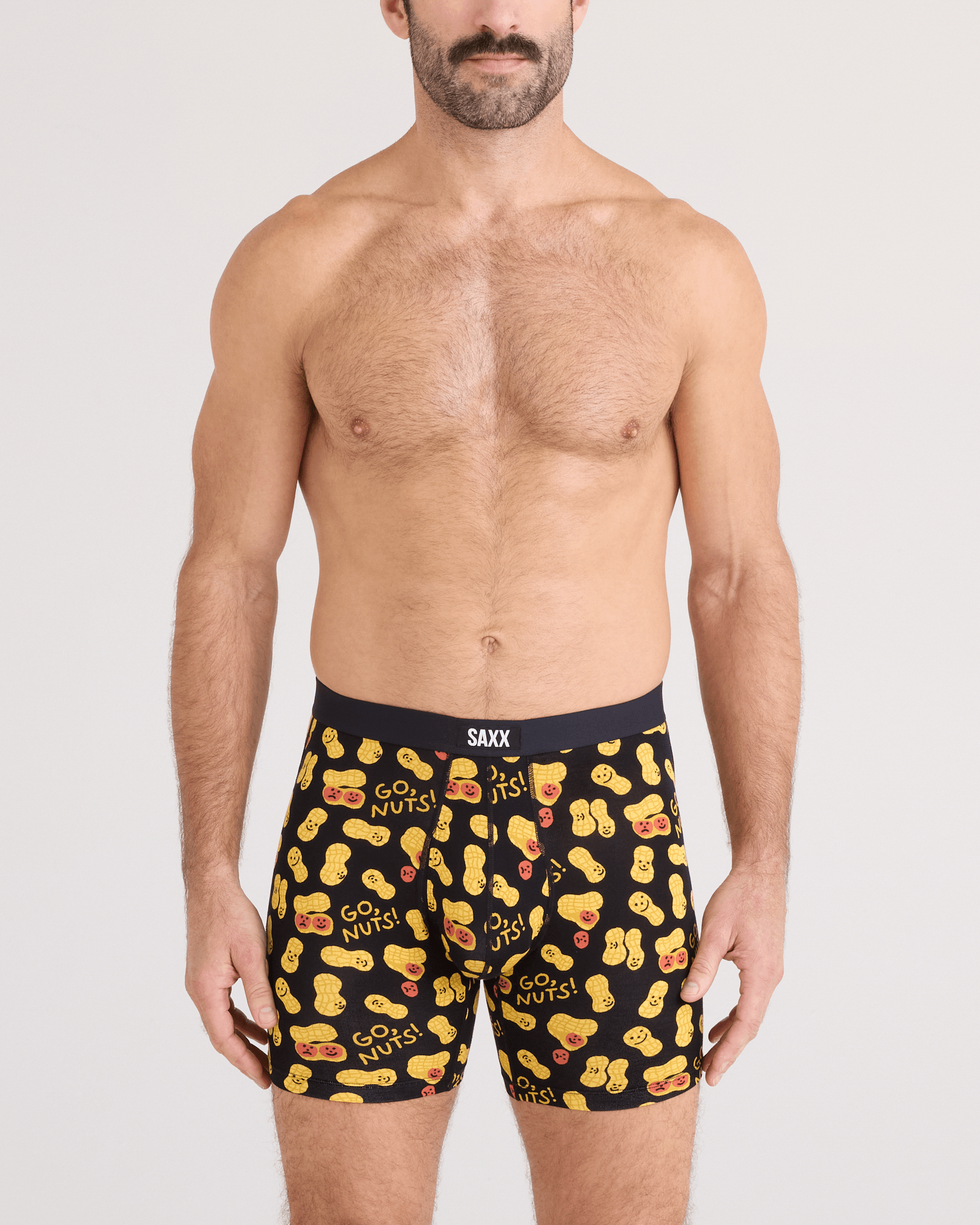 Front - Model wearing  Vibe Xtra Soft Comfort Boxer Brief Fly in Go Nuts-Black