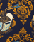 Patterned fabric with decorative elements and ornate designs, with a takeout food container holding gold chains on a blue background