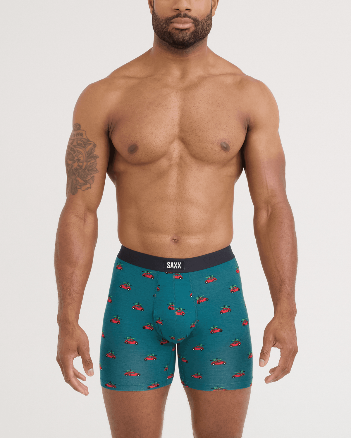 Front - Model wearing Vibe Xtra Soft Comfort Boxer Brief 5 Pack in Holiday Errand/Red/Black