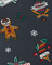 Christmas-themed fabric with a gingerbread man, candy cane, and holly design on a dark background