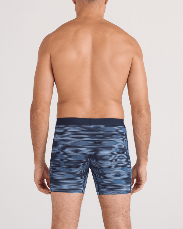 Back - Model wearing  Vibe Xtra Soft Comfort Boxer Brief Fly in Ikat Stripe-Dark Denim