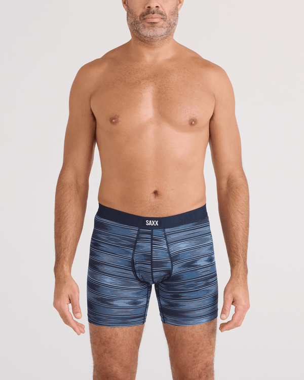 Front - Model wearing  Vibe Xtra Soft Comfort Boxer Brief Fly in Ikat Stripe-Dark Denim