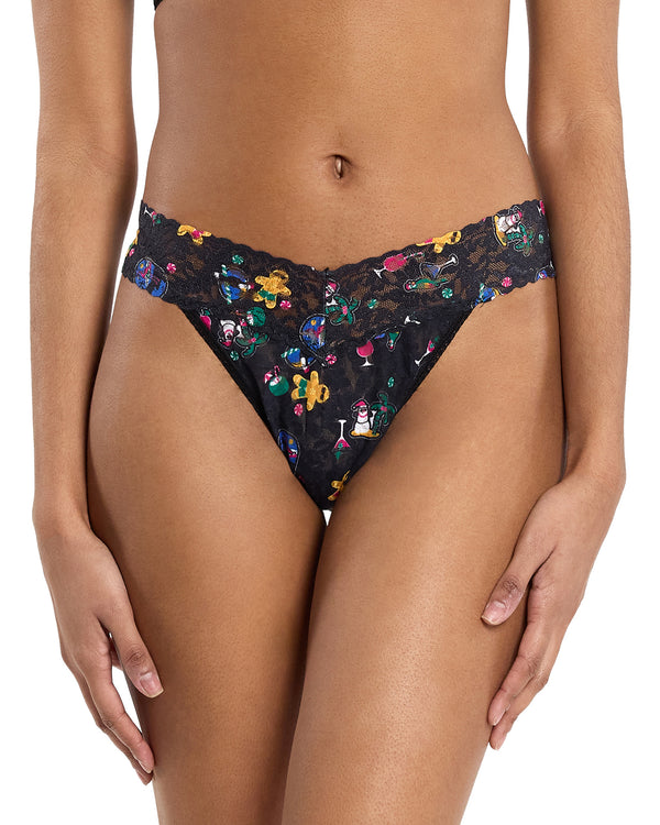 Front - Model wearing Hanky Panky Lace Original Rise Thong in Island Holiday-Black