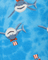 Shark pattern with cartoon sharks wearing Uncle Sam hats on a blue background