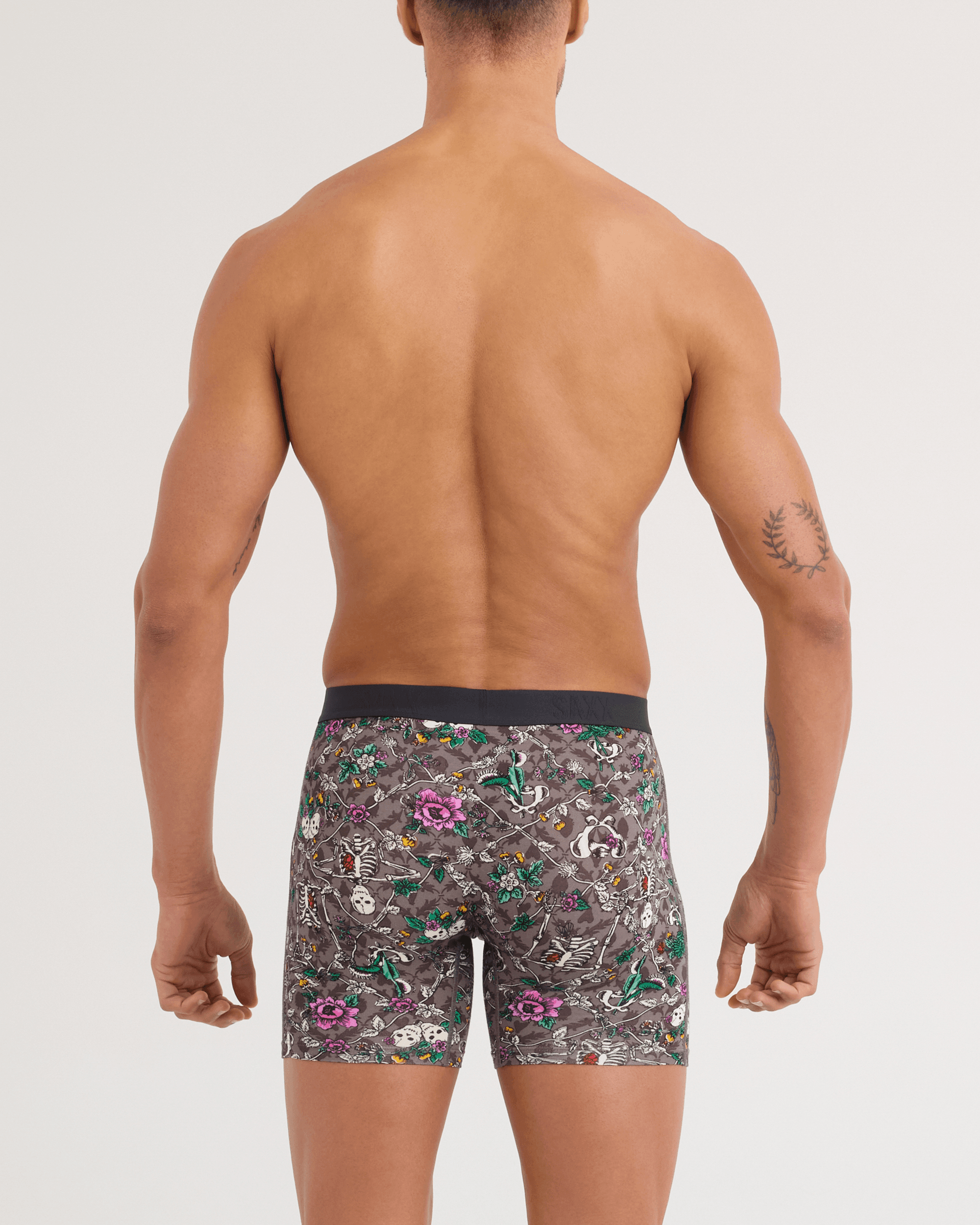 Back - Model wearing Vibe Xtra Soft Comfort Boxer Brief in Lovely Bones-Dark Grey