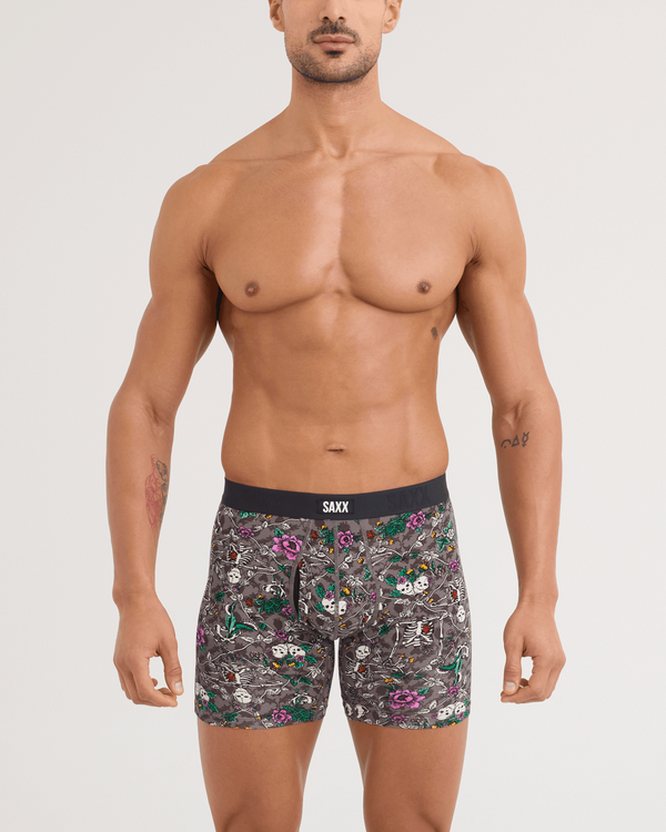 Front - Model wearing Vibe Xtra Soft Comfort Boxer Brief in Lovely Bones-Dark Grey