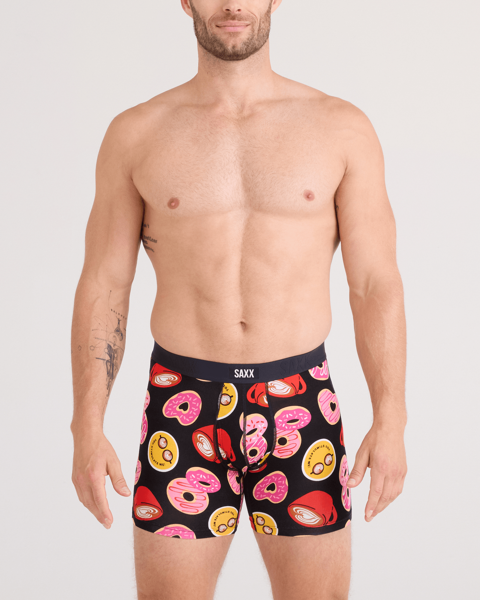 Front - Model wearing  Vibe Xtra Soft Comfort Boxer Brief Fly in Love Story-Black