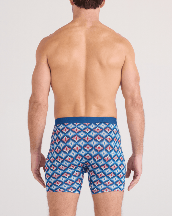 Back - Model wearing  Vibe Xtra Soft Comfort Boxer Brief Fly in Lo-Tech Foulard-Blue