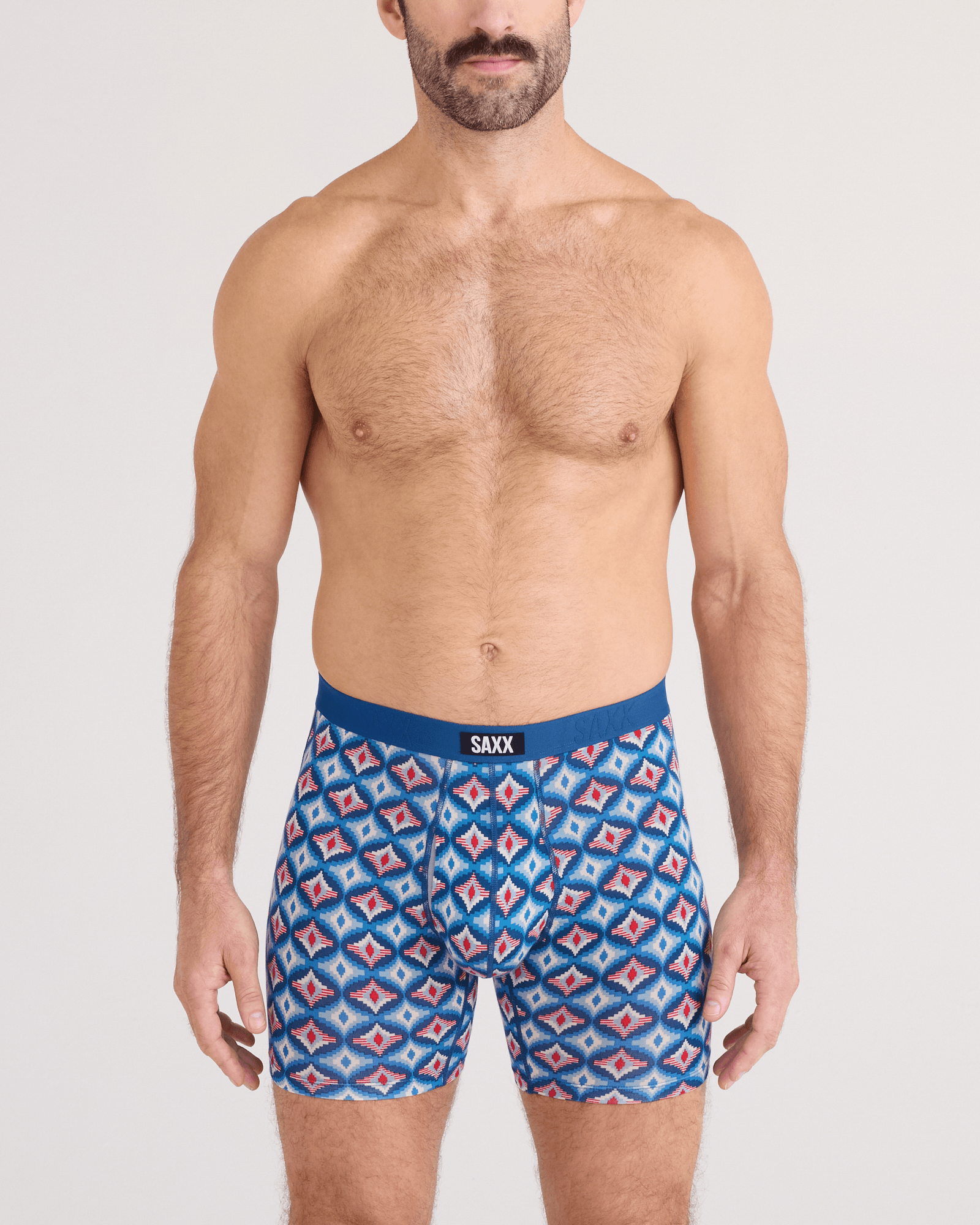 Front - Model wearing  Vibe Xtra Soft Comfort Boxer Brief Fly in Lo-Tech Foulard-Blue