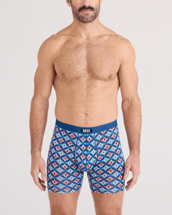 Front - Model wearing  Vibe Xtra Soft Comfort Boxer Brief Fly in Lo-Tech Foulard-Blue