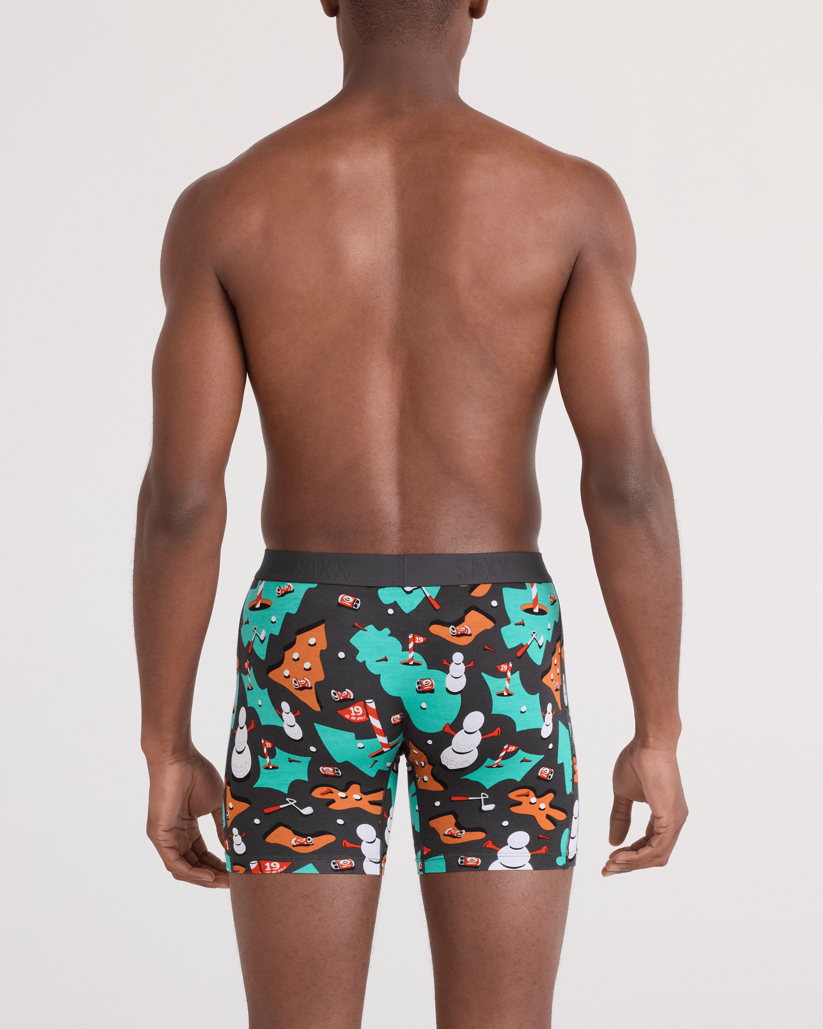 Back - Model wearing  Vibe Xtra Soft Comfort Boxer Brief Fly in 19th Hole-idays-Faded Black