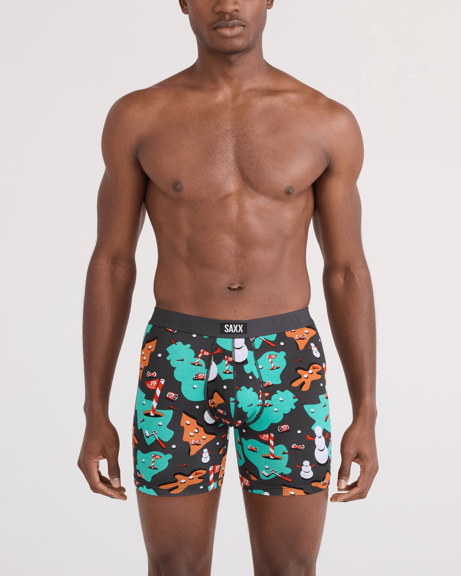Front - Model wearing  Vibe Xtra Soft Comfort Boxer Brief Fly in 19th Hole-idays-Faded Black