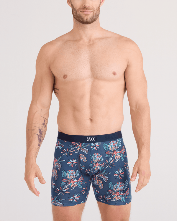 Front - Model wearing  Vibe Xtra Soft Comfort Boxer Brief Fly in Pineapple Tropic-Indigo