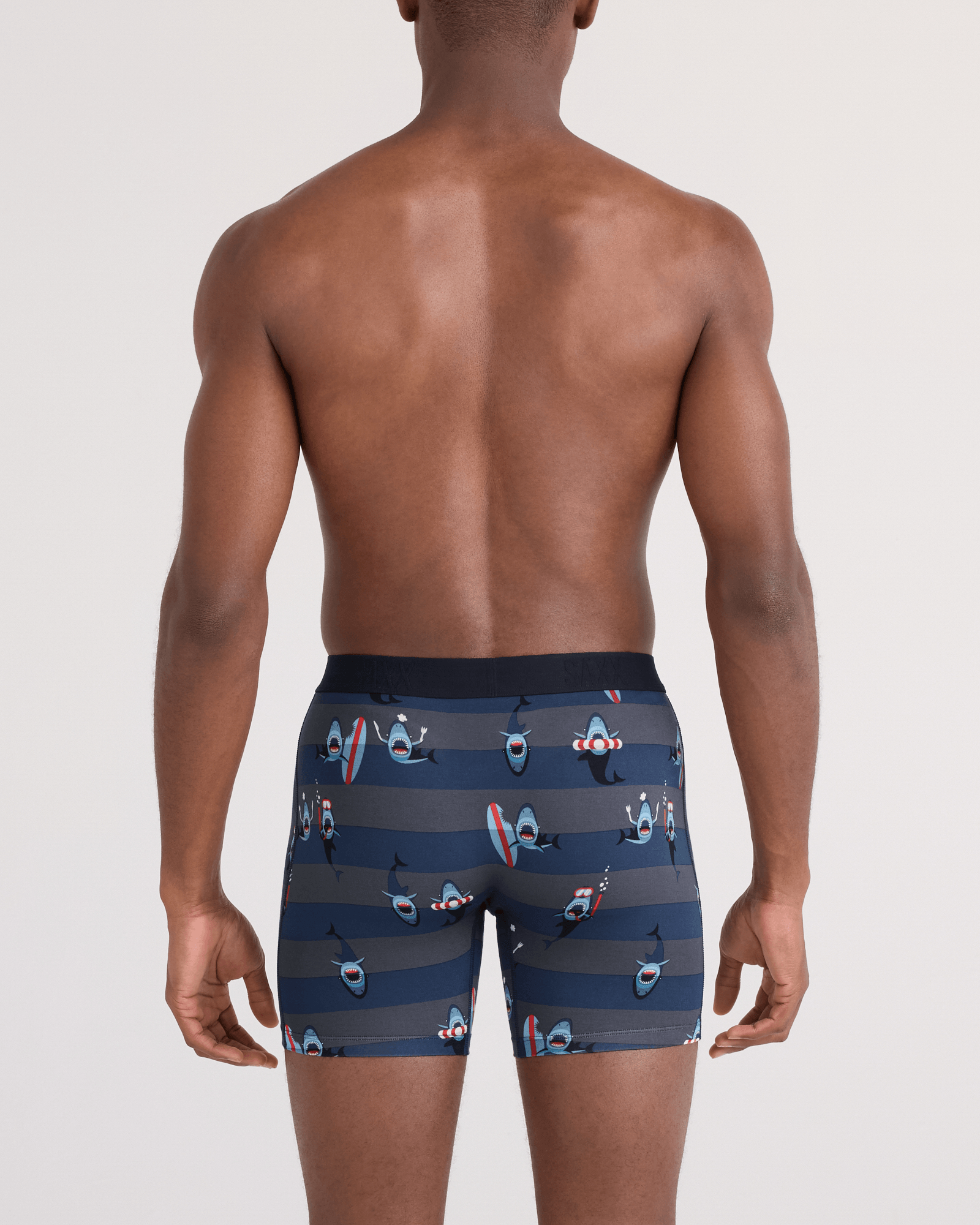 Back - Model wearing  Vibe Xtra Soft Comfort Boxer Brief Fly in Shark Bite-Navy