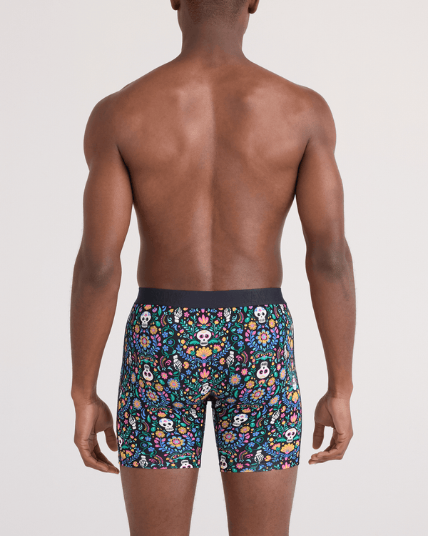 Back - Model wearing  Vibe Xtra Soft Comfort Boxer Brief Fly in Skull Garden-Multi