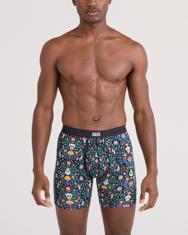 Front - Model wearing  Vibe Xtra Soft Comfort Boxer Brief Fly in Skull Garden-Multi