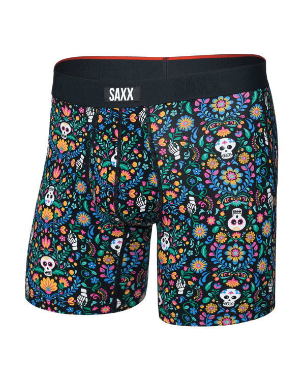 Front of  Vibe Xtra Soft Comfort Boxer Brief Fly in Skull Garden-Multi