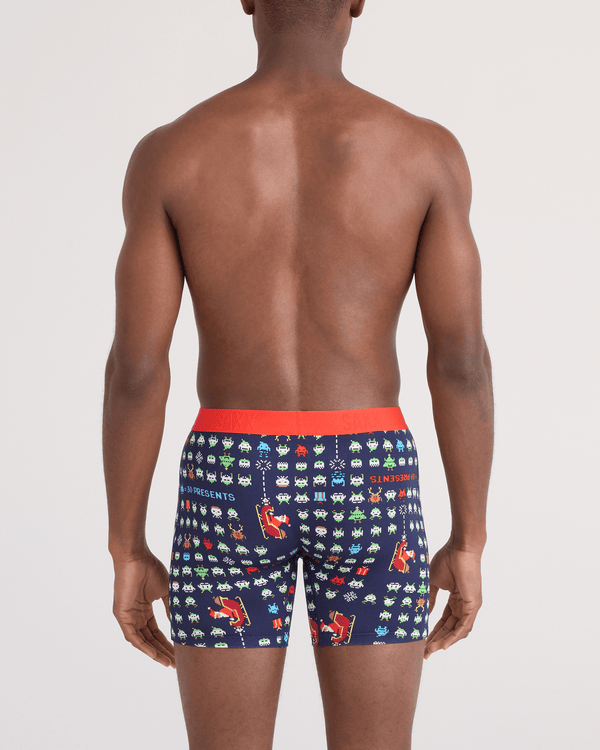 Back - Model wearing  Vibe Xtra Soft Comfort Boxer Brief Fly in Sleigh Invaders-Maritime