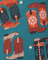 Pattern of cowboy boots with winter-themed designs on a teal background