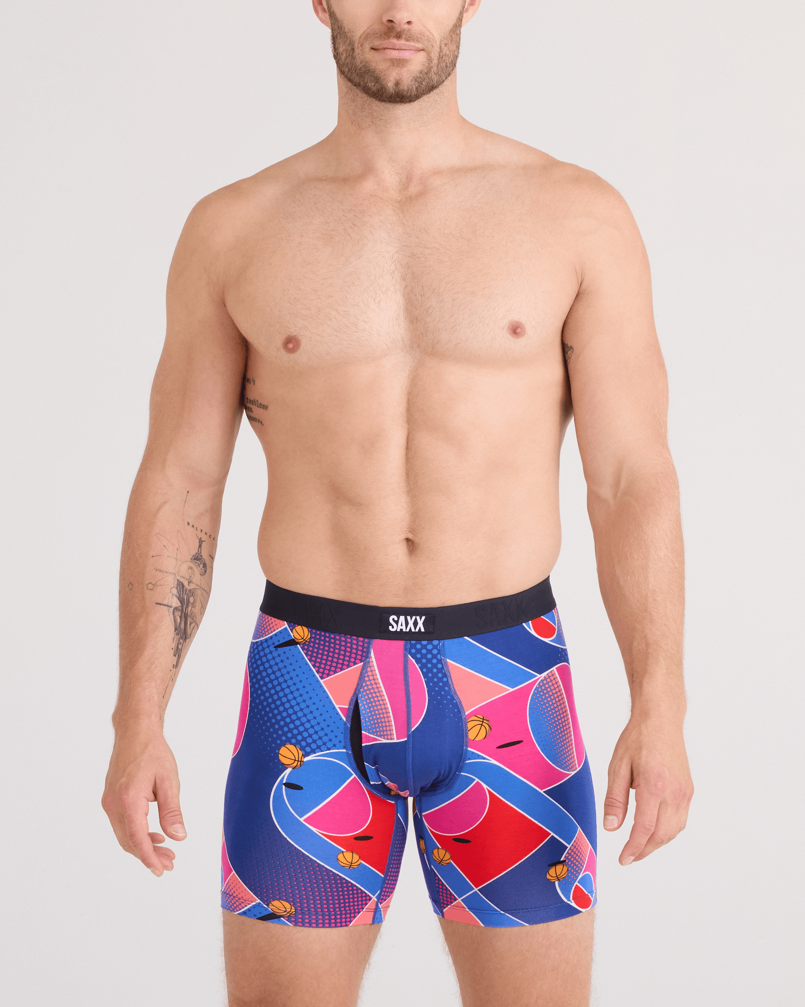 Front - Model wearing  Vibe Xtra Soft Comfort Boxer Brief Fly in Sport Court-Multi