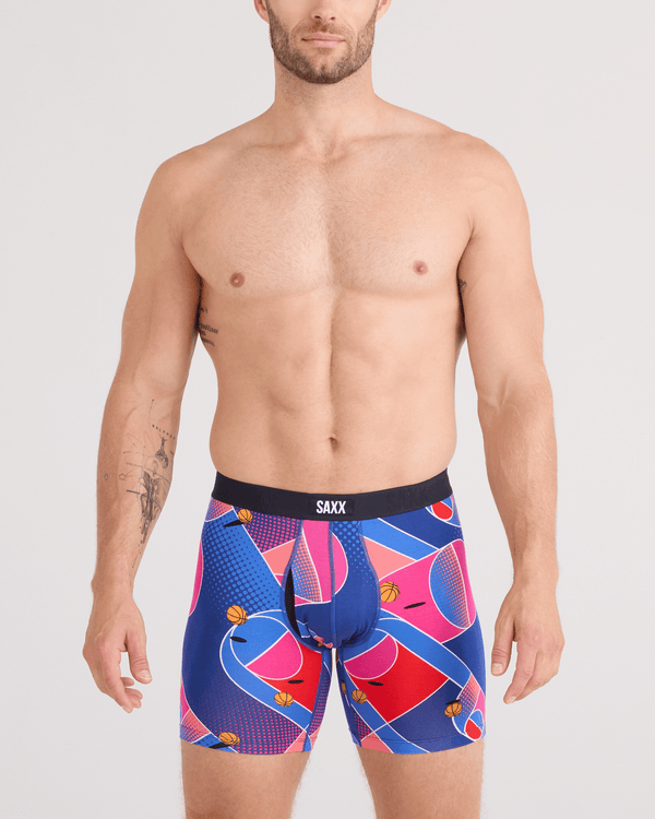 Front - Model wearing  Vibe Xtra Soft Comfort Boxer Brief Fly in Sport Court-Multi