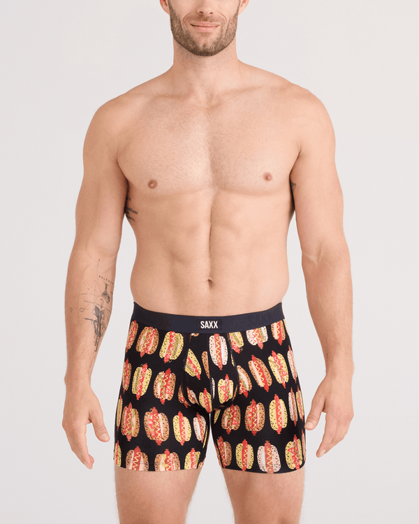 Front - Model wearing  Vibe Xtra Soft Comfort Boxer Brief Fly in Super Dawgs-Black