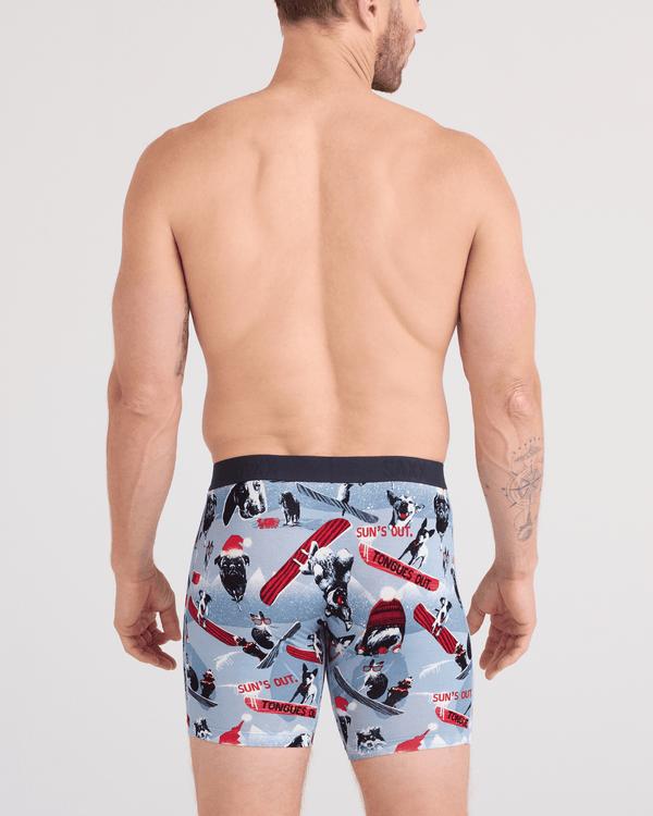 Back - Model wearing  Vibe Xtra Soft Comfort Boxer Brief Fly in Winter Dogs Of Saxx-Blue